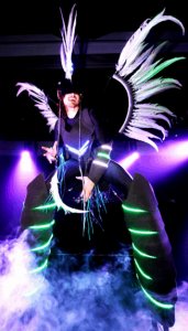 Glow Bird Stilt Walkers for hire. Our LED stilt walkers are available to book for family fun days in London & the UK.