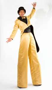 Walkabout act for hire. Book our Golden Stilt Walkers for public events in London & the UK.