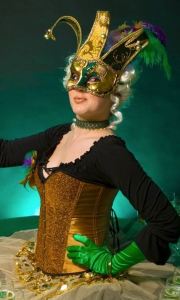 Mardi Gras-themed human table for hire. Book our masquerade-themed static living table for gala dinners in the UK & London.