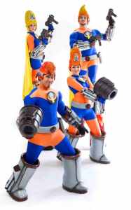 Superhero-themed stilt walkers for hire in the UK.