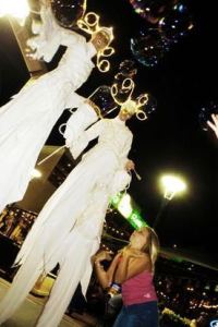 Bubble Fairy stilt walkers for hire. Our stilt walkers are available to book for shopping centre events in London & the UK.