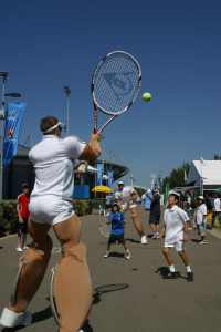 Sports themed stilt walkers for hire in London and the UK. As well as our Tennis player stilt walkers we have a wide range of other sports themed stilt walkers for hire.