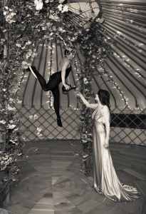 Aerial Champagne Bartenders for hire. Our Aerial Acrobatic Bartenders are available to book for weddings, product launches or gala dinners in London & the UK.
