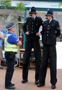 British Bobbies Stilt Walkers for hire. Book our British Police-themed stilt walkers for parades, public events or shopping centre events in London & the UK.