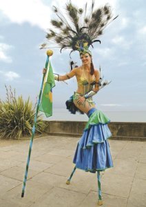 Rio-themed Stilt Walkers for hire. Our stilt walkers are available to book for Olympic-themed events in London & the UK.