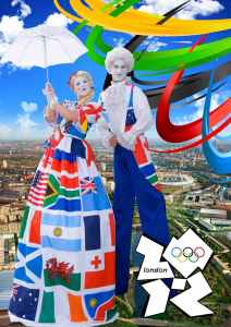 World Flag Stilt Walkers for hire. Our themed stilt walkers are available to book for summer events in the UK & London.