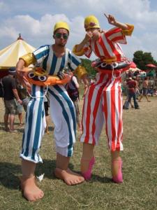 The Dipping Dynamo stilt walkers for hire. Our 1940's-themed swimming stilt walkers are available to book for family fun days, picnic events or shopping centre events in London & the UK.