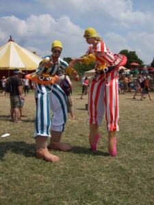 Dipping Dynamo stilt walkers for hire. Our 1940's-themed swimmers are available to book for shopping centre events in London & the UK.