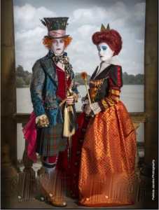 Alice in Wonderland lookalike characters for hire. Book The Red Queen & Mad Hatter for movie-themed events in London & the UK.