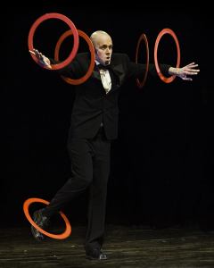 Circus performer for hire. Book our Noble Juggler for gala dinners in the UK & London.