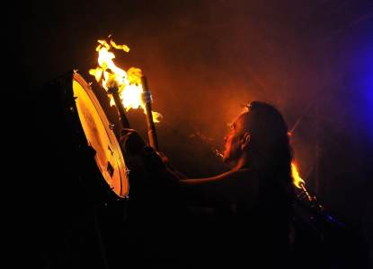 Close-up of the fire drummer in our Bagpipe Rock Band. Our Bagpipe band are a fantastic option for creating an impact at any event.