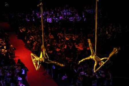 Our synchronised aerial silk circus show is available to book for corporate events in the UK.