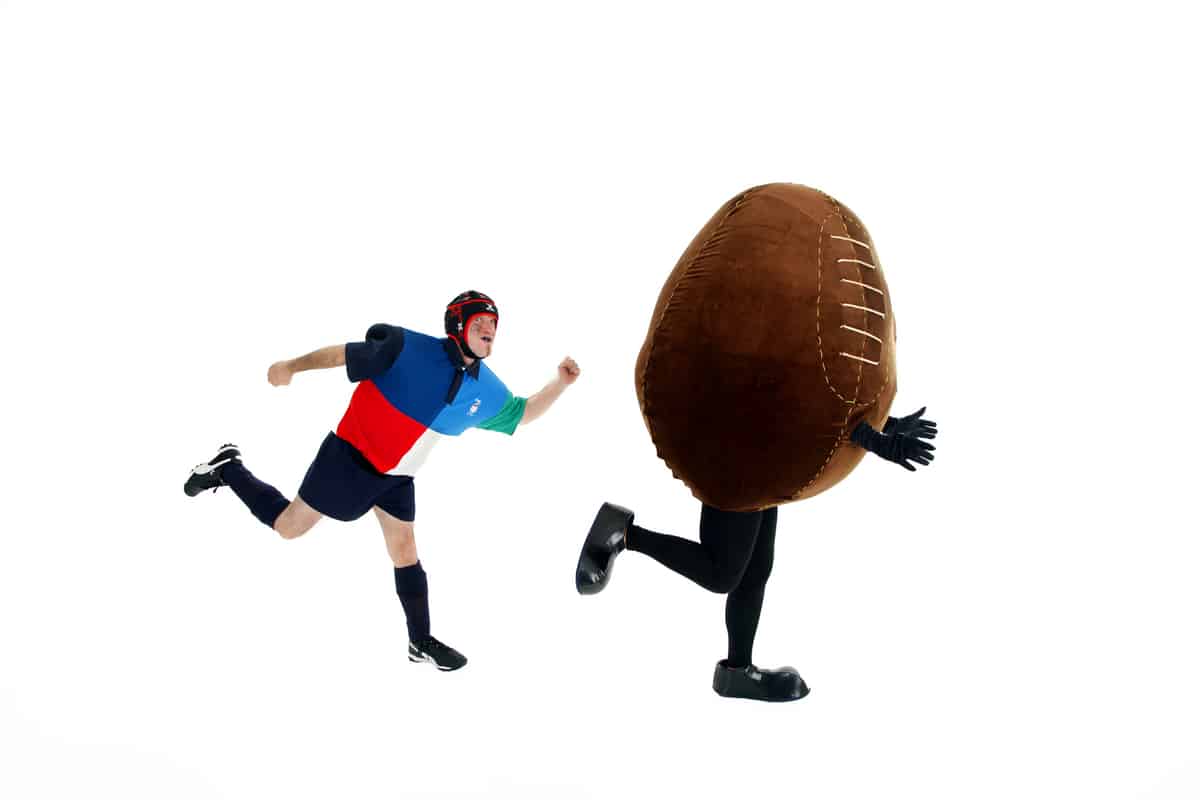 Scrum Chums Rugby Ball walkabout performer available for hire in the UK.