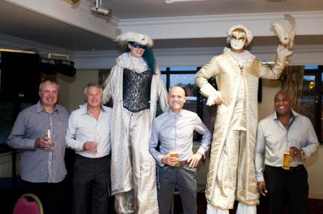 Venetian Masked Stilt Walkers for hire. Book our walkabout act for masked balls in London & the UK.