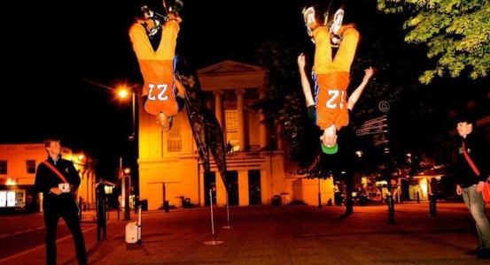 Bouncy Basketball Acrobats for hire. Our acrobatic bouncy stilt walkers are available to book for sports-themed events, shopping centre events or family fun days in London & the UK.