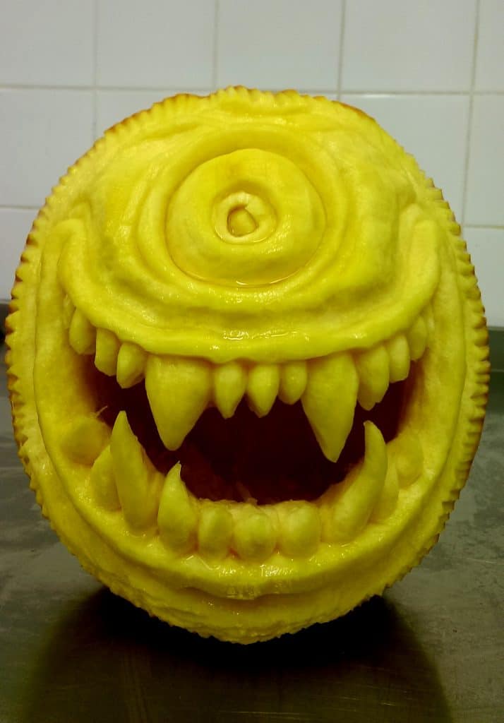Monsters INC, Mike Wazowski character carved into a pumpkin by our talented pumpkin carver.