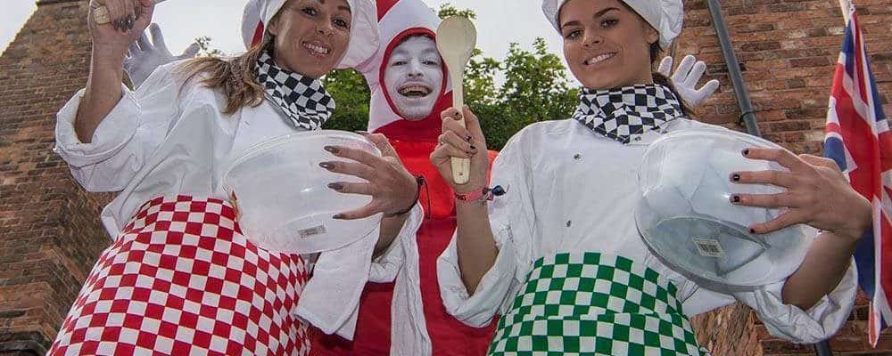The Gourmet Chefs for hire. Our Gourmet Chef stilt walkers are available to book for family fun days, Easter events or picnic events in London & the UK.