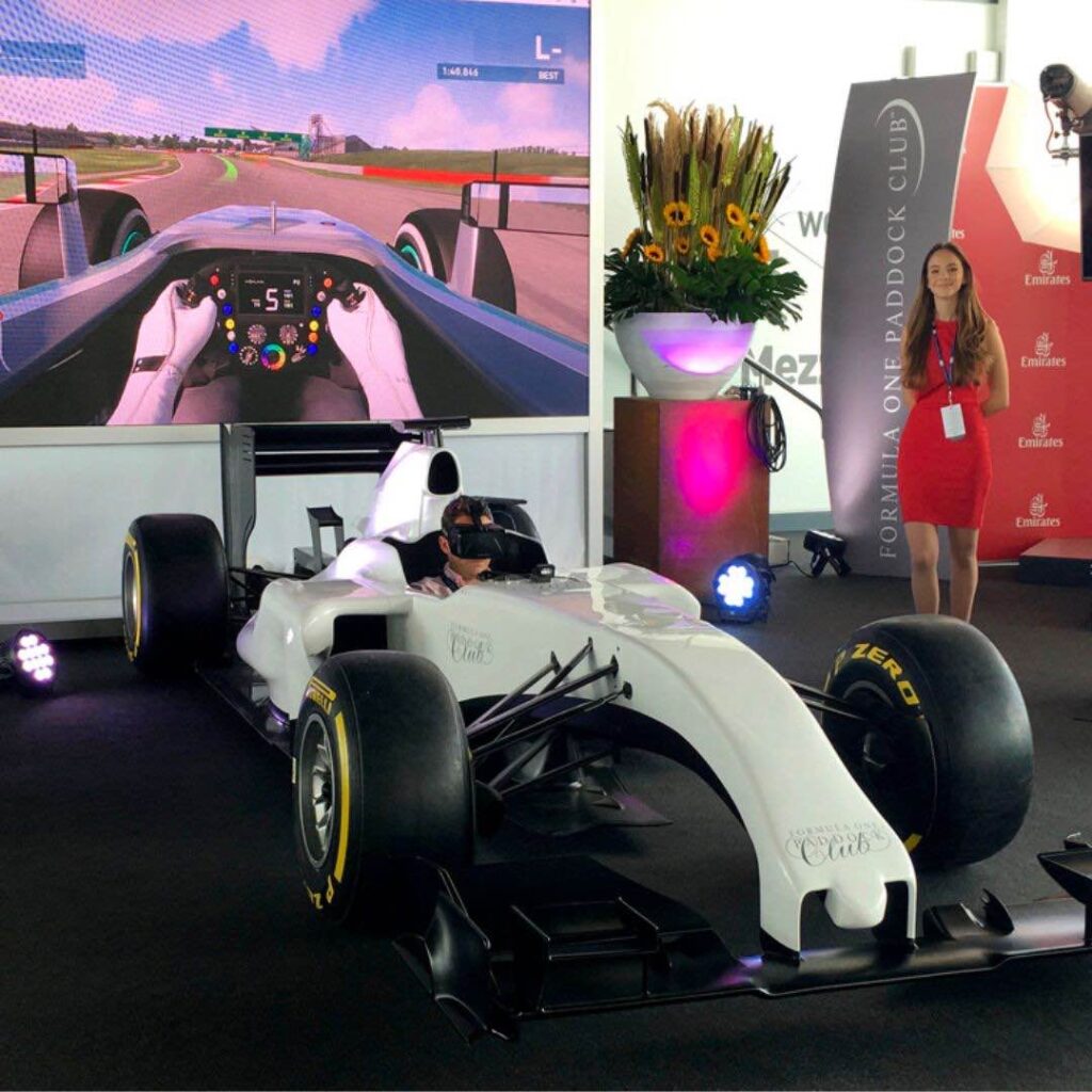 A formula 1 racing car simulator at an exhibition