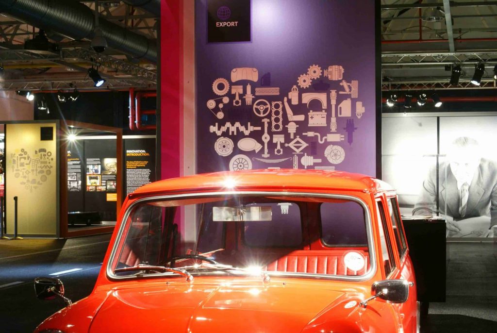 Information Board covering some of MINI's history over the last 100 years in the Exhibition area in the MINI Oxford Brand Exhibition celebrating 100 years of MINI.