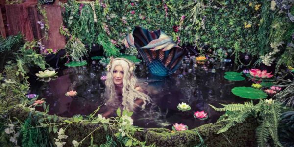 Mermaid-Performer-In-Pool-With-Foliage