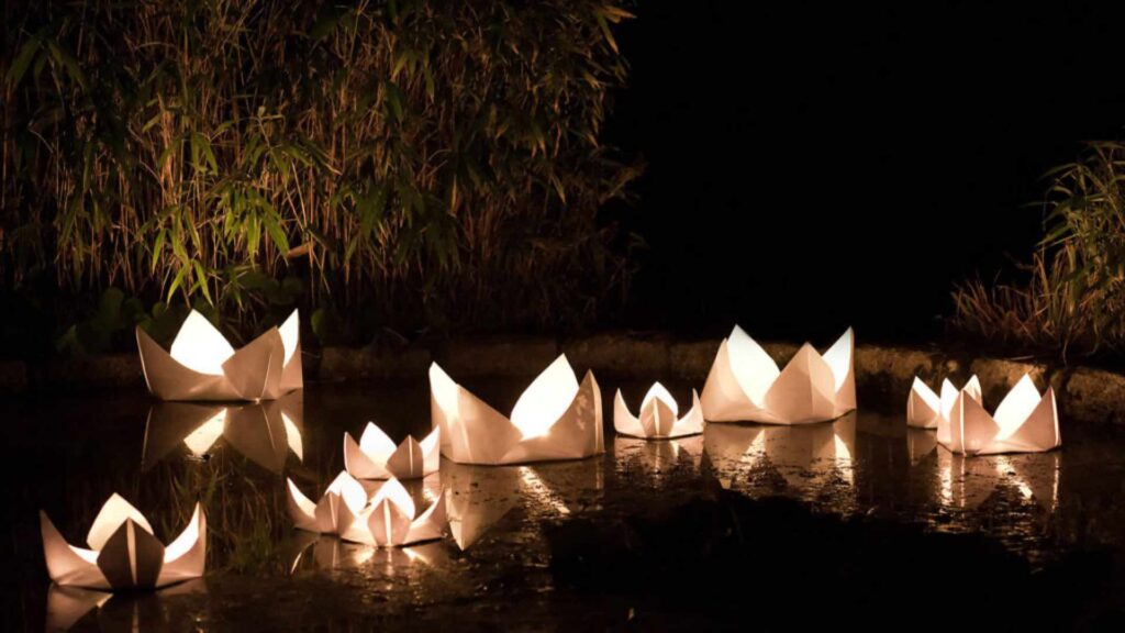 Light-up origami installation on water