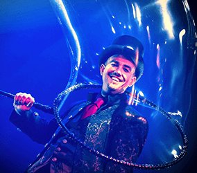 Our magic bubble show can be booked worldwide for amusement park events.