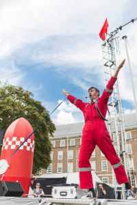 The Last Man on the Moon show for hire. Our street theatre show is available to book for corporate events in London & the UK.