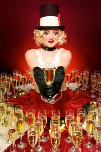 The Circus Champagne Table for hire. Book our human drinks table for circus-themed events in London & the UK.