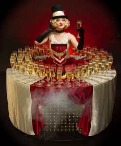 The Circus Champagne Table for hire. Our circus-themed human drinks table is available to book for corporate events, circus-themed events or award ceremonies in London & the UK.