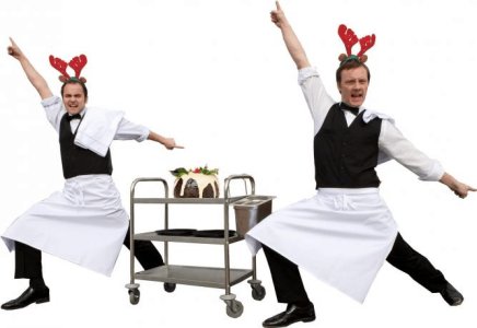 Spoof waiters for hire as a walkabout act for Christmas themed events in London.