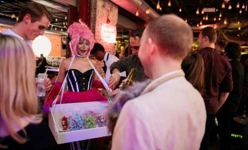 Sinister Circus Candy Girl for hire. Book our walkabout candy girl for private events in the UK & London.