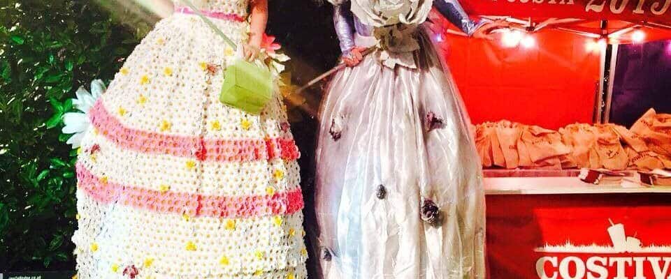 The Daisy Sprite stilt walkers for hire. Our Daisy Sprite stilt walkers are available to book for eco-themed events, family fun days or Easter events in London & the UK.