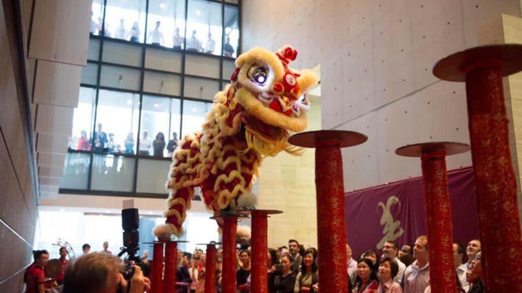 Chinese dance performers dressed as Chinese lion