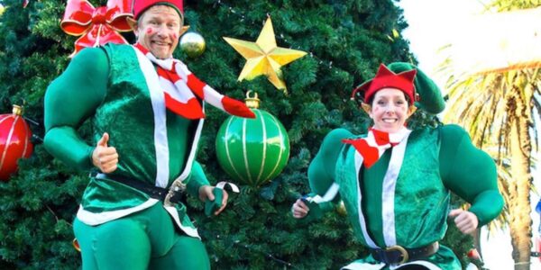 Elf-Themed-Stilt-Performers
