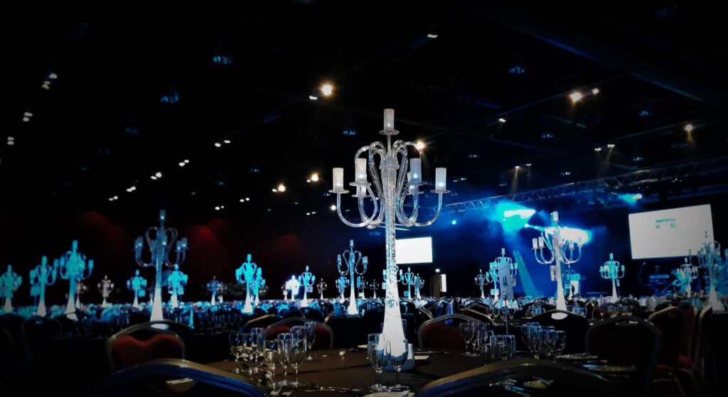 Ghost candelabra available to hire in the UK, adding class to any gala event.