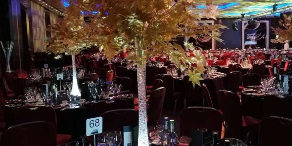 Gold tree table centrepiece for gala dinner events.