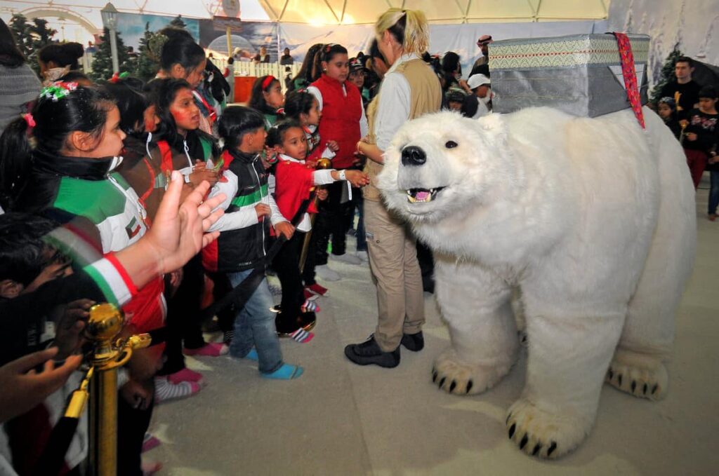 Interactive Polar Bear Show being performed in front of a large audience at a Shopping Centre Event in the UK.