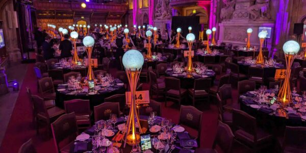 Tall LED globe centrepiece for corporate events.