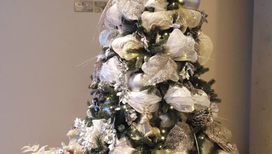 Silver and Cream Winter Wonderland Themed Christmas Trees for hire