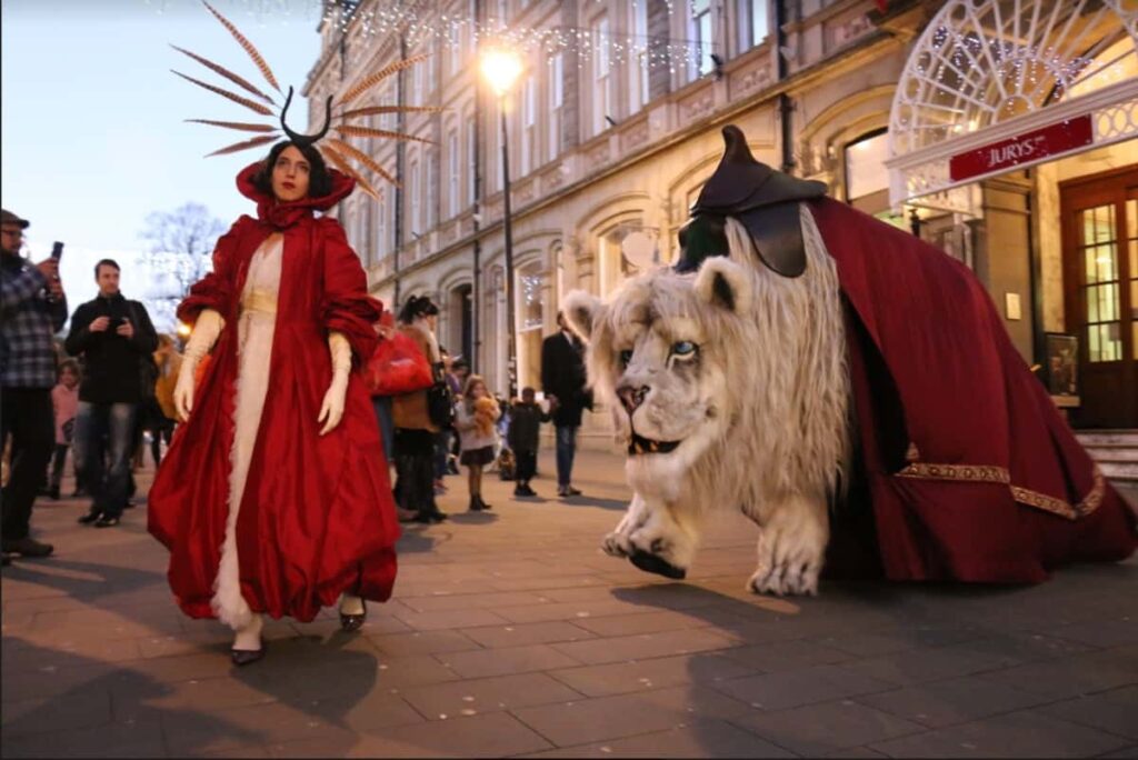 Snow Lion and Winter Queen Christmas Characters at a public Christmas event in the UK.