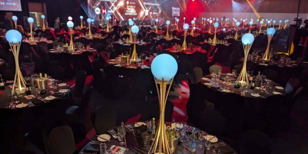 Tall LED globe centrepiece for corporate events.