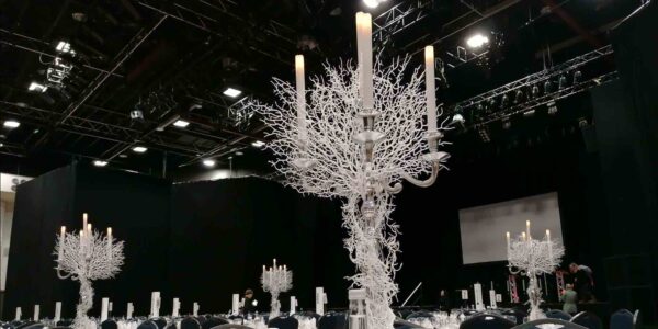 Winter organic candelabra in crisp white design perfect for Christmas events.