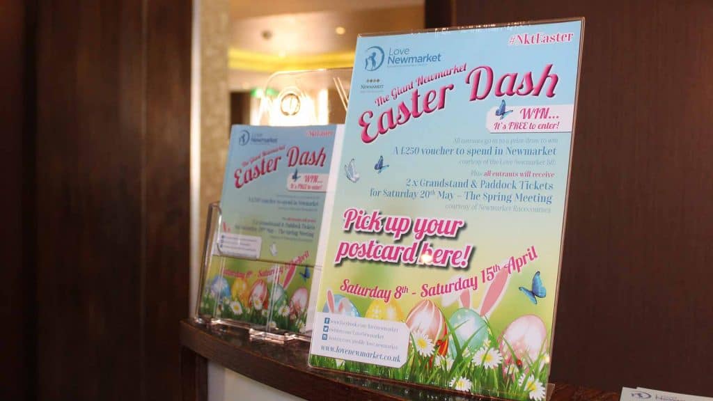Newmarket Blue "Easter Dash" competition posters we designed for our public Easter Egg Hunt competition.