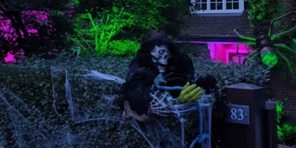 Halloween-House-Dressing-Front-Of-House-Hedge-Props-And-Cobwebs