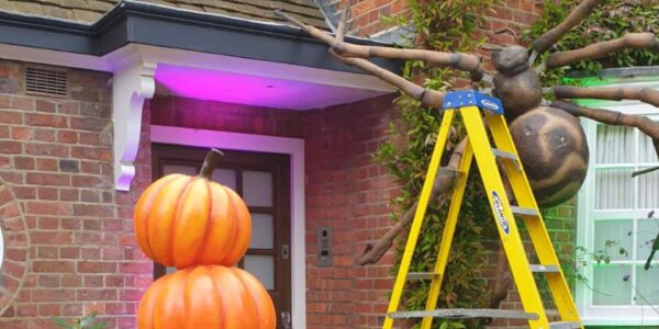 Halloween-House-Dressing-Setting-Up-Large-Hanging-Spider-Prop