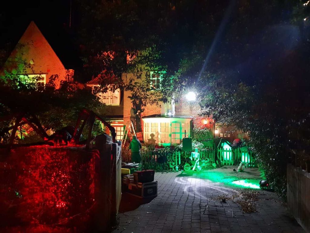 Finished product of our neighbour's driveway and house after our Halloween House Dressing Service. Our client lives next to Jonathan Ross on Hampstead Way, London, so our Halloween Decorations had to compliment Jonathan Ross' halloween decorations perfectly.
