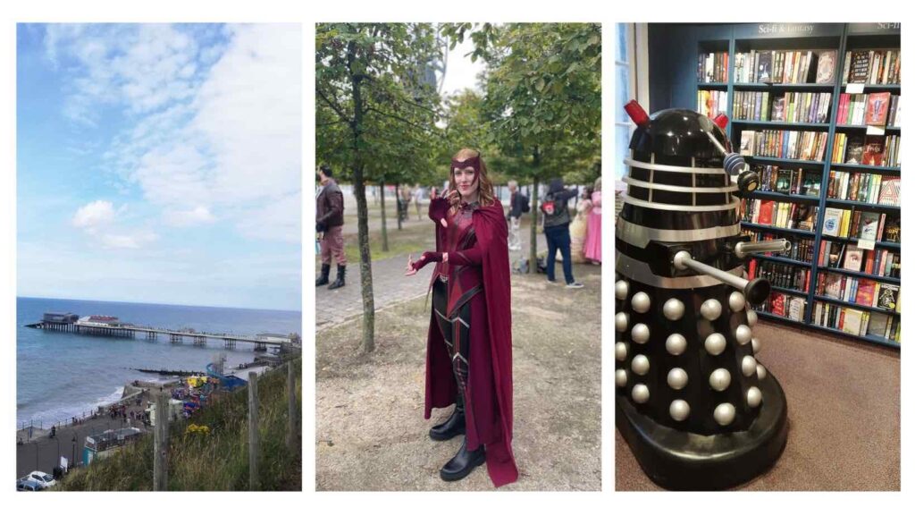 Images showing team member Eden Graham dressed as Scarlet Witch, Cromer pier and a dalek in a book shop