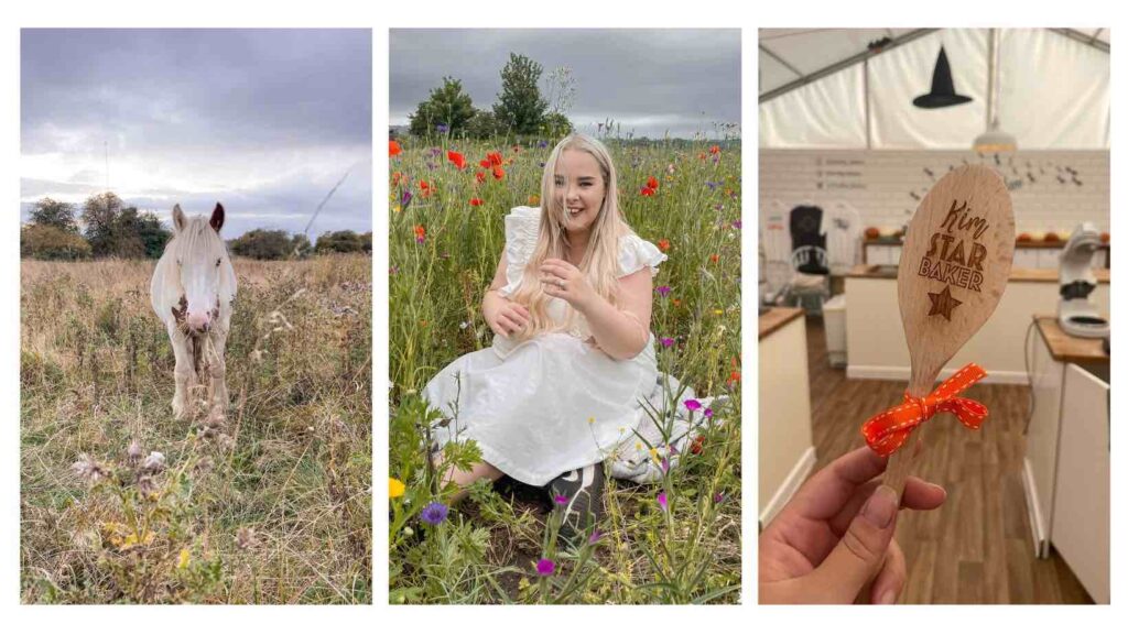 Kim French of Julia Charles Event Management sitting in a field surrounded by flowers. Image of spoon engraved with 'Kim Star Baker' and an image of a horse in a field.
