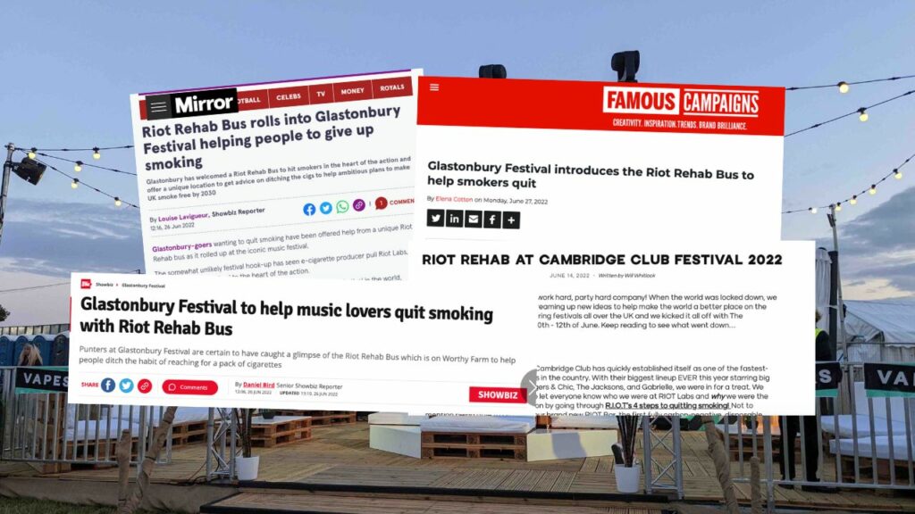Screenshots of website publications writing about the Riot Squad Riot Rehab Bus.