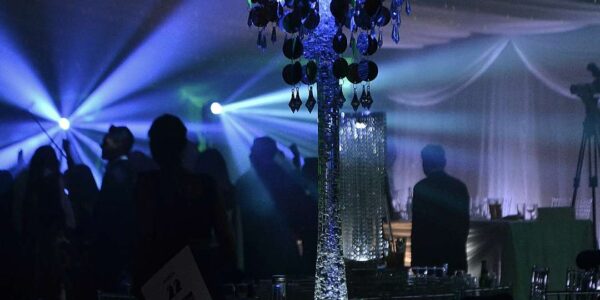 Crystal chandelier table centrepieces with sparkling decor.